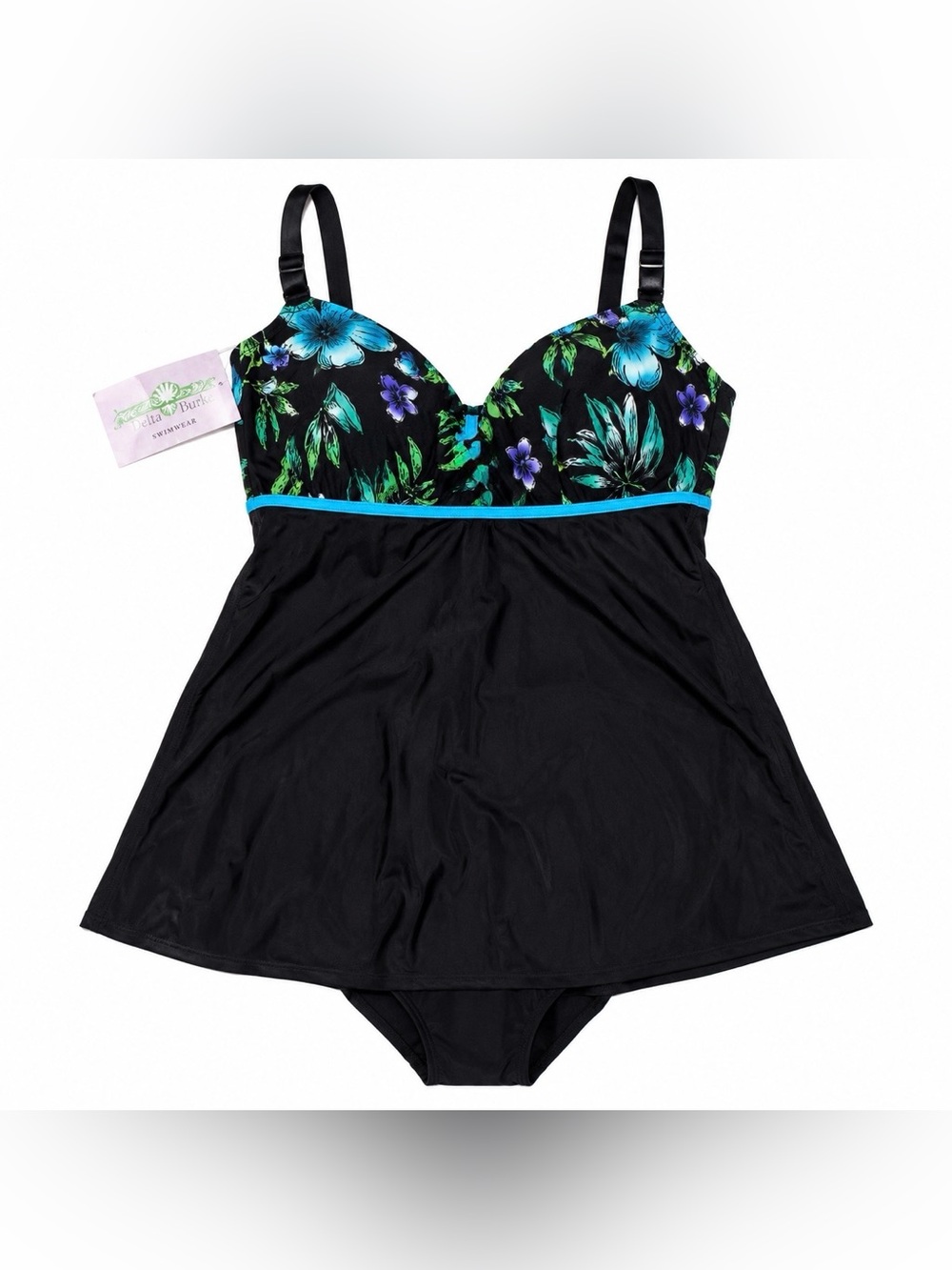 Delta Burke Black Swimdress with Teal & Green Floral Bust